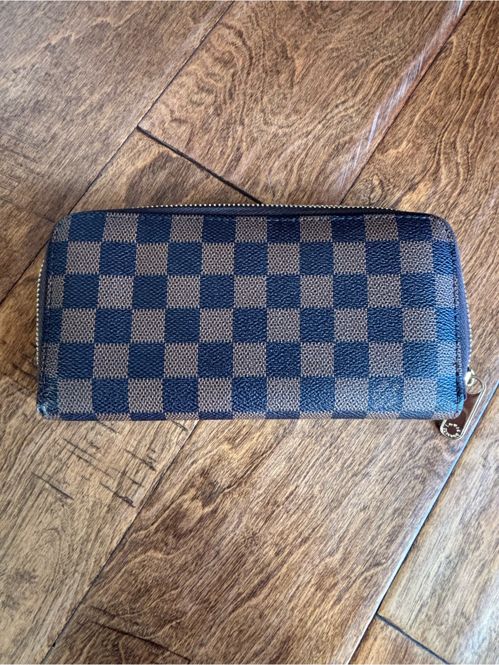 Designer-Inspired Checkered Zip Around Wallet - Blue/Brown